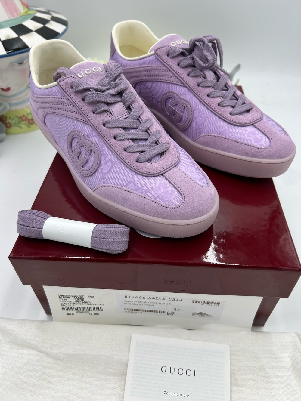 Women's Gucci G 75 lilac suede sneakers interlocking G size 37.5 made in Italy